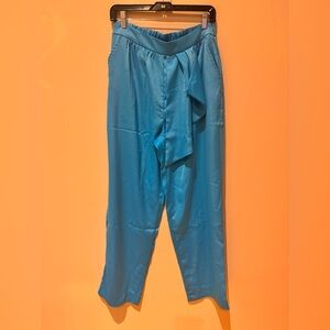 Women’s Aqua Blue  Satin Tie-Waist Pants